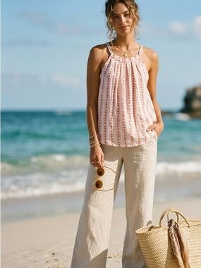 Bellambra Italy 100% Linen Floral Halter Neck Pleated Boho Tank Top Cami S